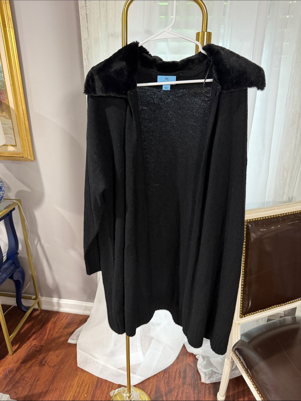 CeCe Black Open Cardigan with Faux Fur Trim